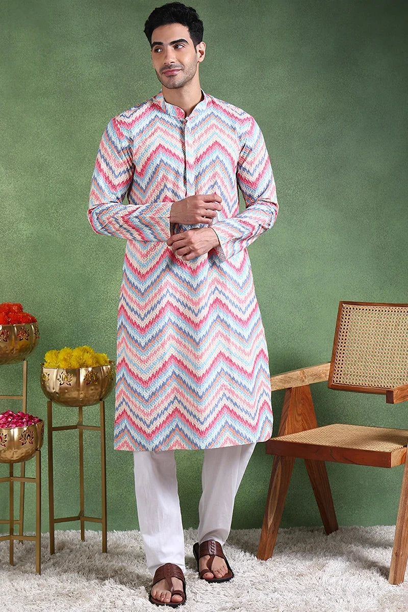 Pink Viscose Rayon Ikat Embroidered Straight Kurta For Men MKU1008PNK