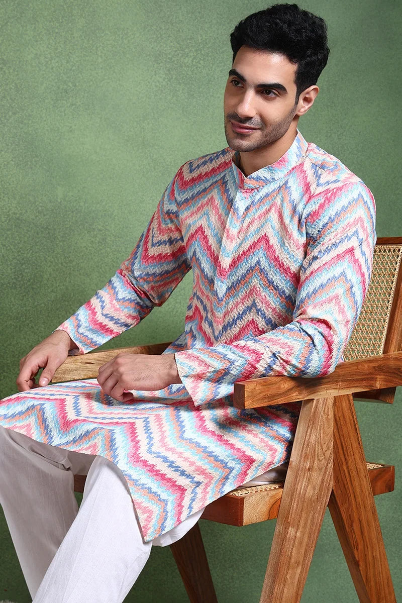 Pink Viscose Rayon Ikat Embroidered Straight Kurta For Men MKU1008PNK