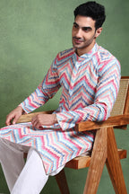 Pink Viscose Rayon Ikat Embroidered Straight Kurta For Men MKU1008PNK