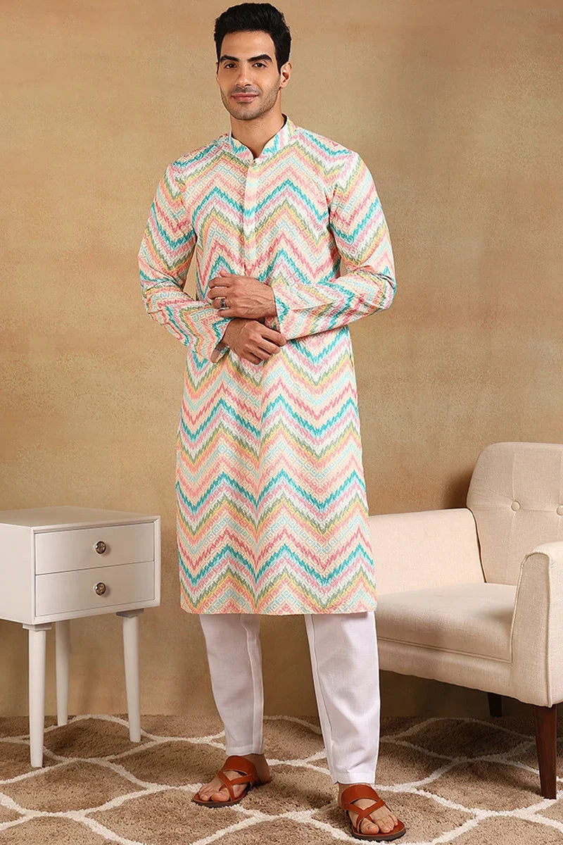 Teal Viscose Rayon Chevron Embroidered Straight Kurta For Men MKU1008TIL