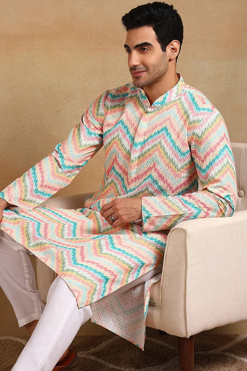 Teal Viscose Rayon Chevron Embroidered Straight Kurta For Men MKU1008TIL