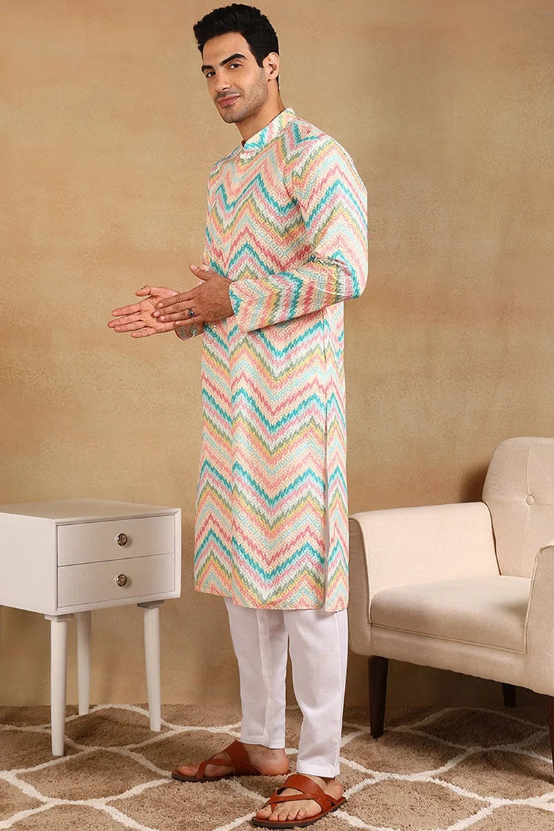 Teal Viscose Rayon Chevron Embroidered Straight Kurta For Men MKU1008TIL