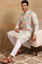 Teal Viscose Rayon Chevron Embroidered Straight Kurta For Men MKU1008TIL