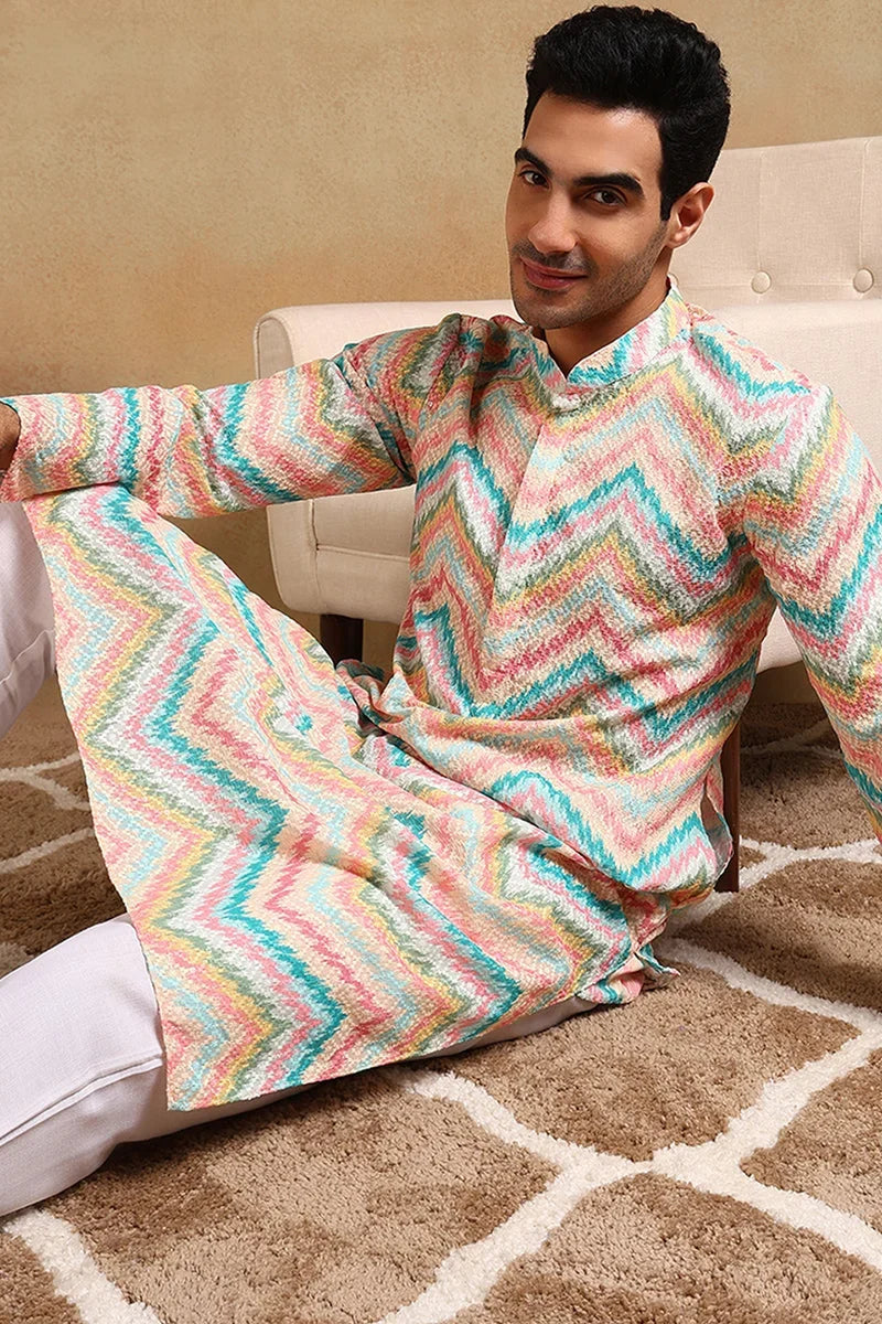 Teal Viscose Rayon Chevron Embroidered Straight Kurta For Men MKU1008TIL