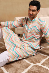 Teal Viscose Rayon Chevron Embroidered Straight Kurta For Men MKU1008TIL