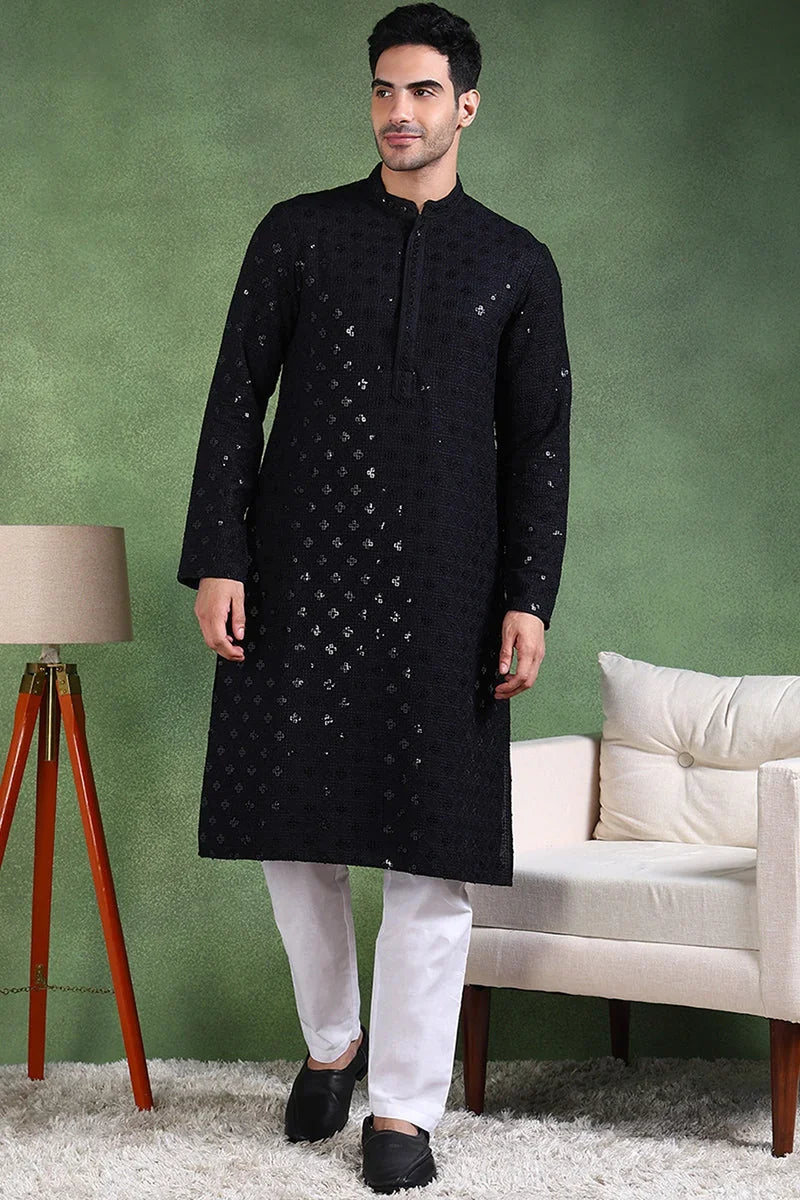 Black Viscose Rayon Solid Embroidered Straight Kurta For Men MKU1010BLK