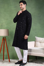 Black Viscose Rayon Solid Embroidered Straight Kurta For Men MKU1010BLK