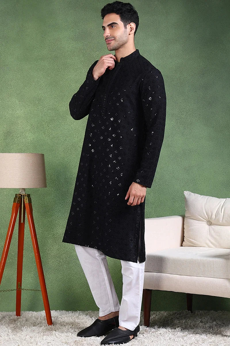 Black Viscose Rayon Solid Embroidered Straight Kurta For Men MKU1010BLK