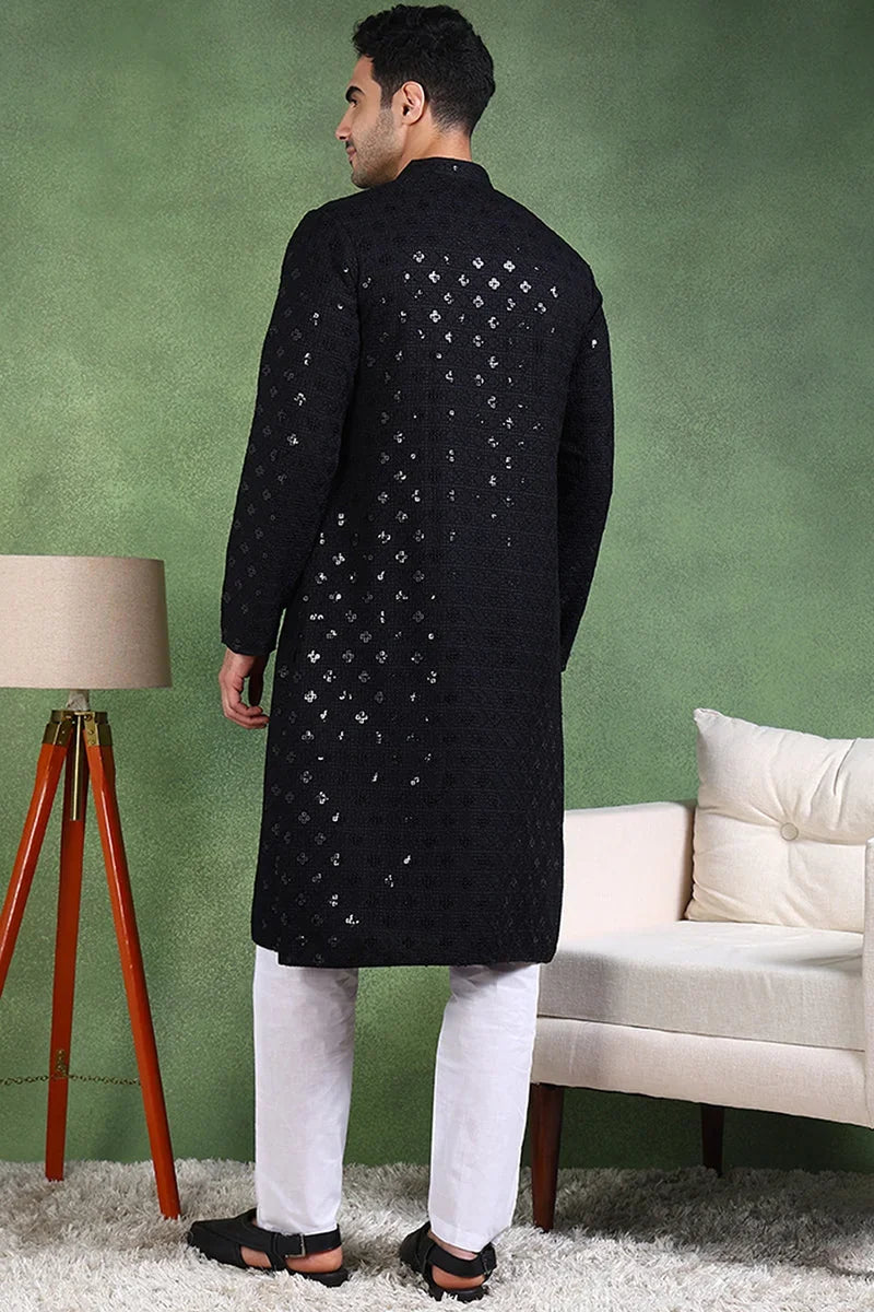 Black Viscose Rayon Solid Embroidered Straight Kurta For Men MKU1010BLK