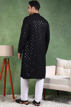 Black Viscose Rayon Solid Embroidered Straight Kurta For Men MKU1010BLK