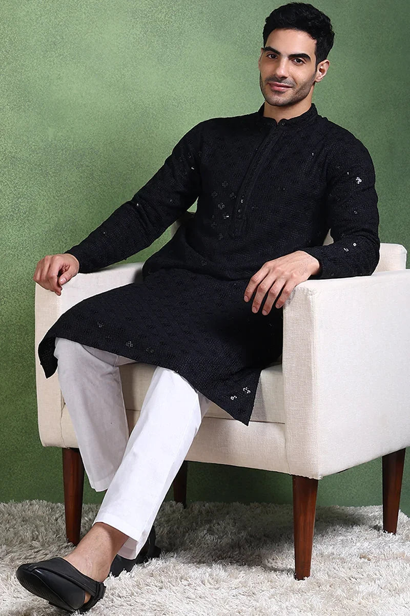 Black Viscose Rayon Solid Embroidered Straight Kurta For Men MKU1010BLK