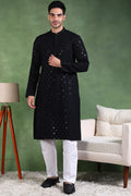 Black Viscose Rayon Solid Embroidered Straight Kurta For Men MKU1010BLK