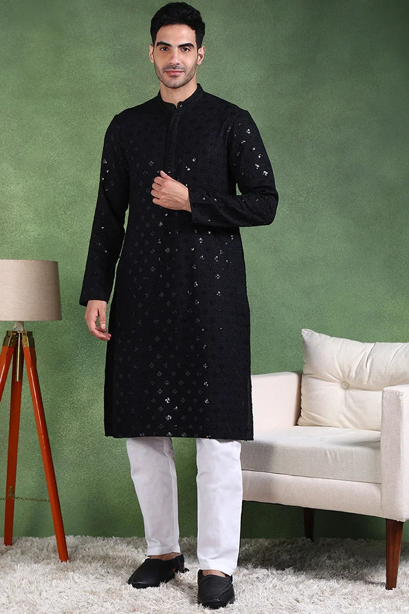 Black Viscose Rayon Solid Embroidered Straight Kurta For Men MKU1010BLK