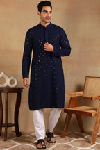 Navy Blue Viscose Rayon Solid Embroidered Straight Kurta For Men MKU1010BLU