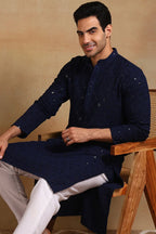 Navy Blue Viscose Rayon Solid Embroidered Straight Kurta For Men MKU1010BLU