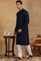 Navy Blue Viscose Rayon Solid Embroidered Straight Kurta For Men MKU1010BLU