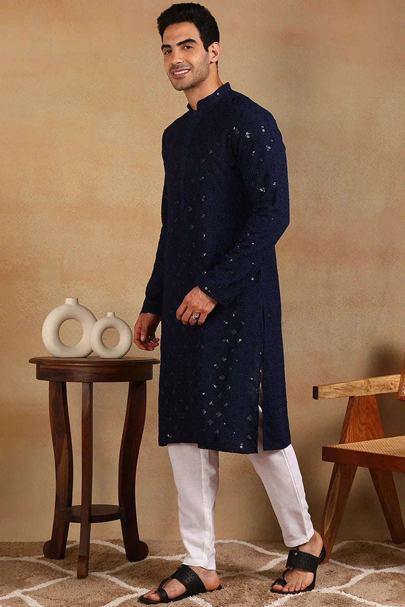 Navy Blue Viscose Rayon Solid Embroidered Straight Kurta For Men MKU1010BLU