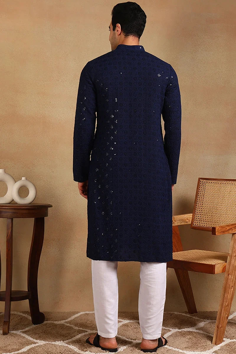 Navy Blue Viscose Rayon Solid Embroidered Straight Kurta For Men MKU1010BLU