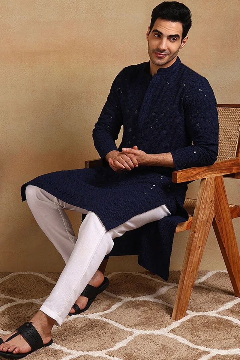 Navy Blue Viscose Rayon Solid Embroidered Straight Kurta For Men MKU1010BLU