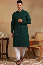 Green Viscose Rayon Solid Embroidered Straight Kurta For Men MKU1010GRN