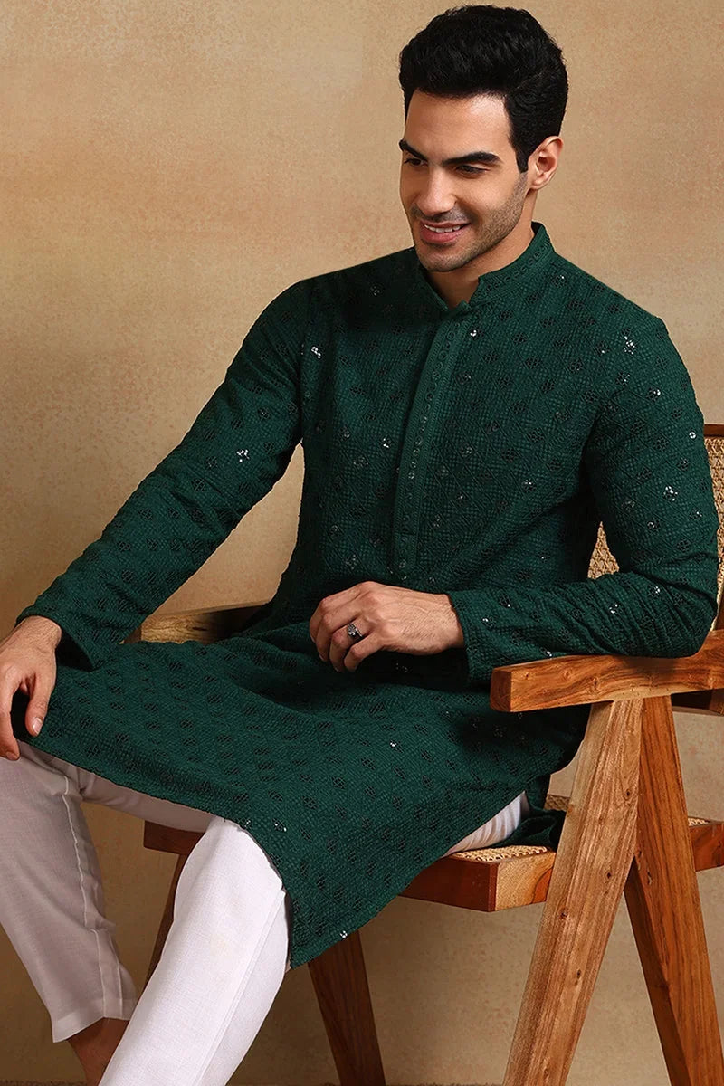 Green Viscose Rayon Solid Embroidered Straight Kurta For Men MKU1010GRN