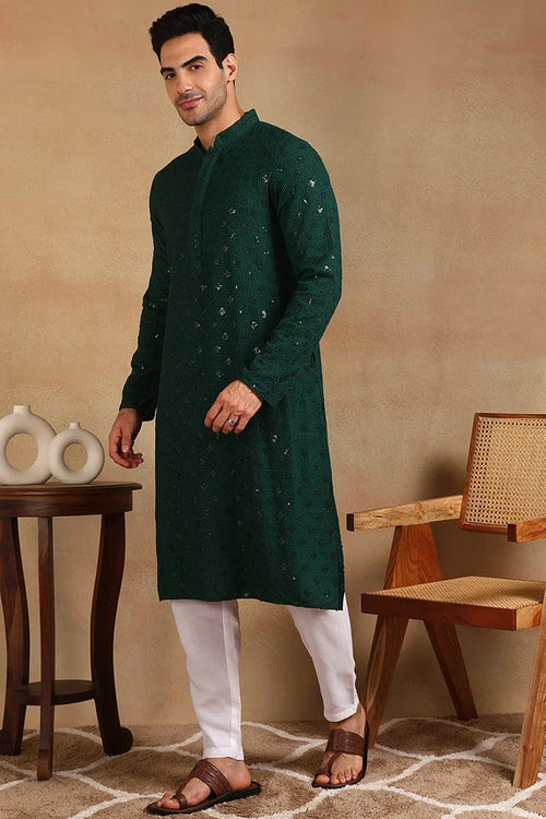 Green Viscose Rayon Solid Embroidered Straight Kurta For Men MKU1010GRN