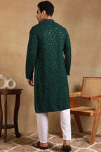 Green Viscose Rayon Solid Embroidered Straight Kurta For Men MKU1010GRN