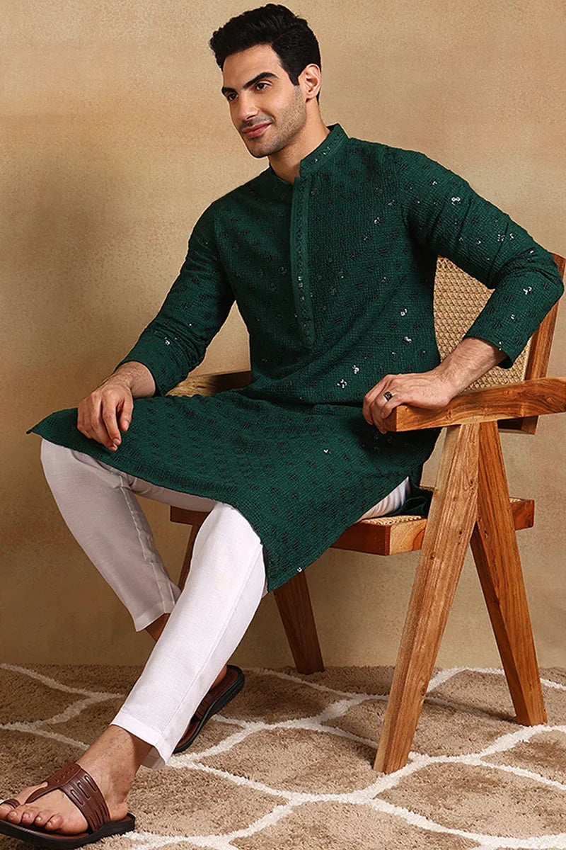 Green Viscose Rayon Solid Embroidered Straight Kurta For Men MKU1010GRN