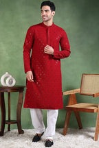Maroon Viscose Rayon Solid Embroidered Straight Kurta For Men MKU1010MRN