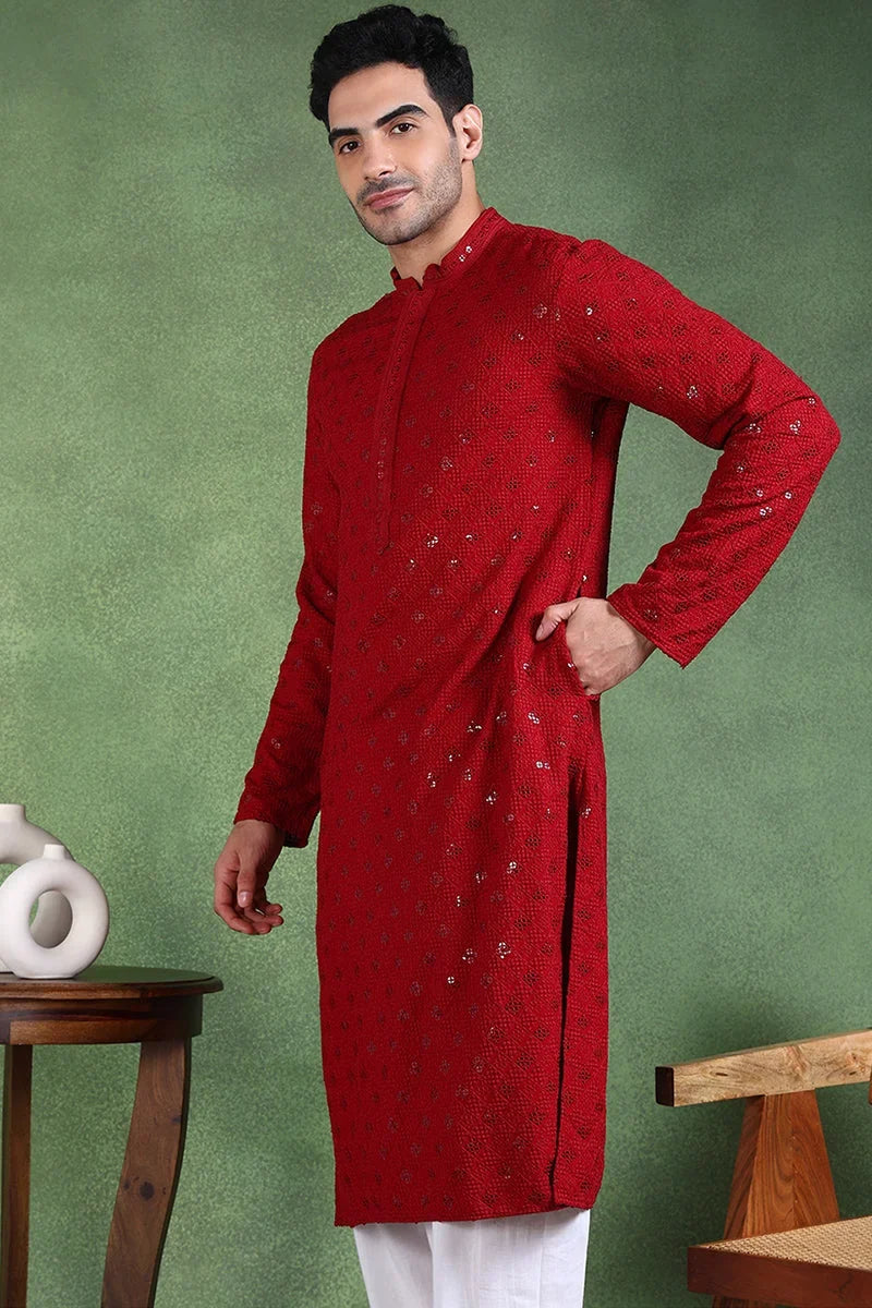 Maroon Viscose Rayon Solid Embroidered Straight Kurta For Men MKU1010MRN