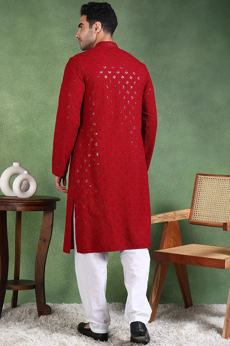 Maroon Viscose Rayon Solid Embroidered Straight Kurta For Men MKU1010MRN