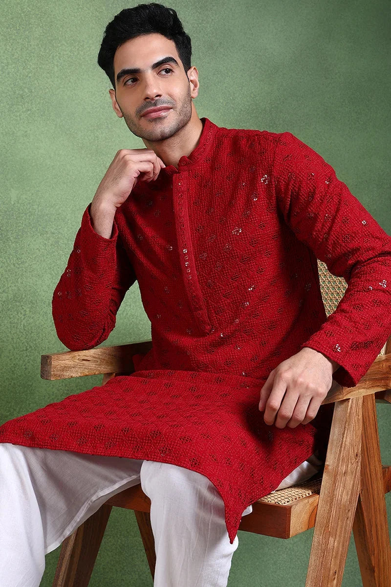 Maroon Viscose Rayon Solid Embroidered Straight Kurta For Men MKU1010MRN