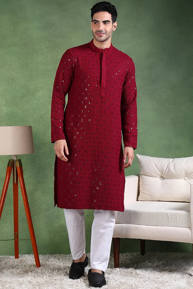 Wine Viscose Rayon Solid Embroidered Straight Kurta For Men MKU1010WIN