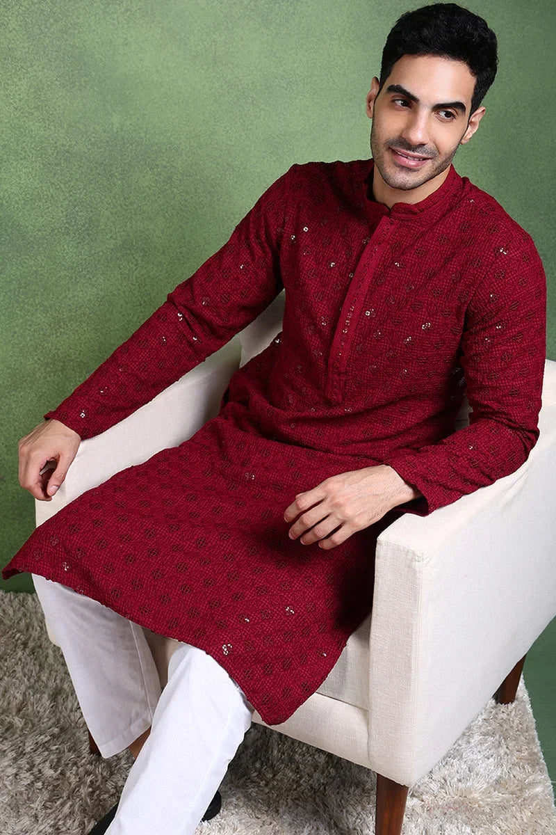 Wine Viscose Rayon Solid Embroidered Straight Kurta For Men MKU1010WIN
