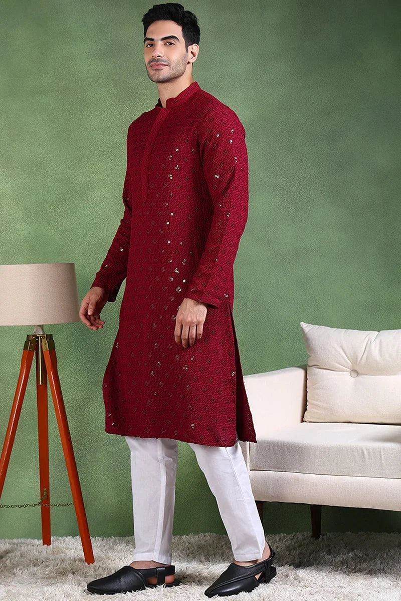 Wine Viscose Rayon Solid Embroidered Straight Kurta For Men MKU1010WIN