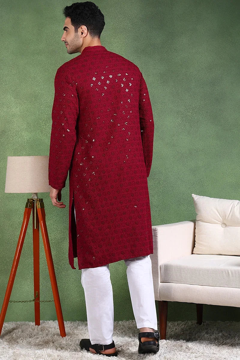 Wine Viscose Rayon Solid Embroidered Straight Kurta For Men MKU1010WIN