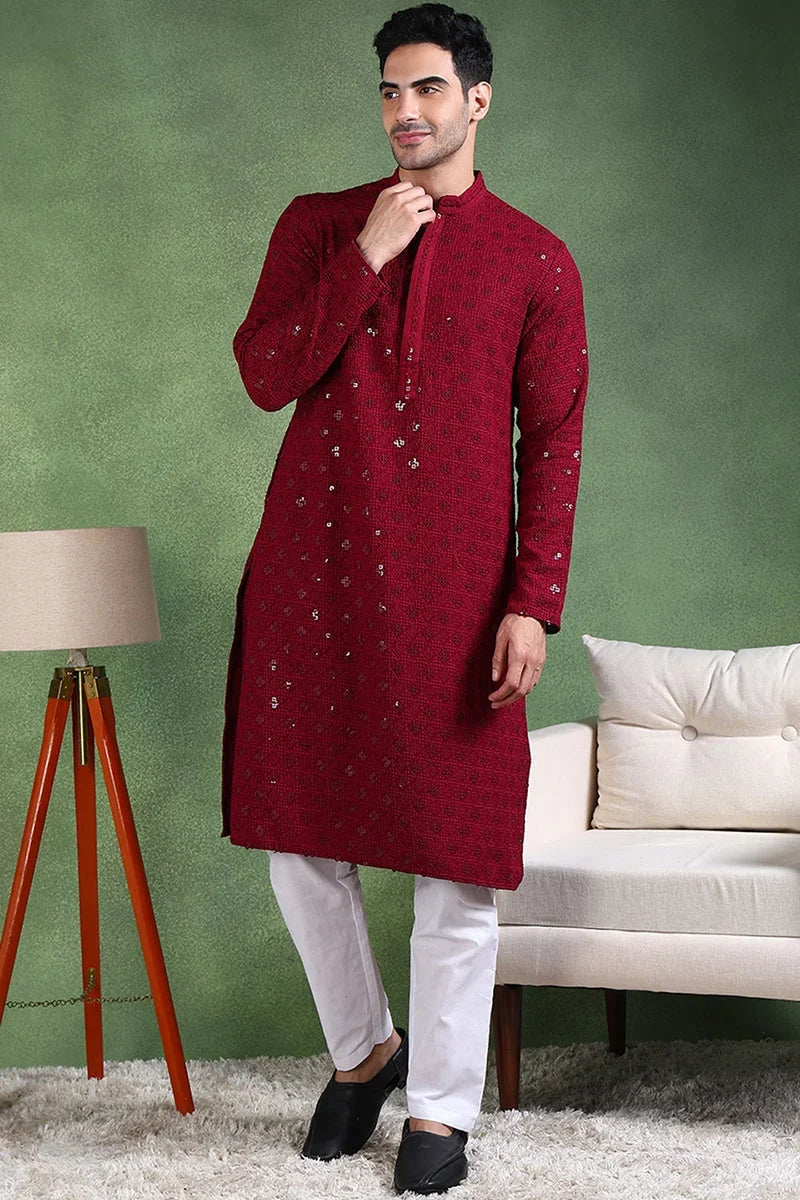 Wine Viscose Rayon Solid Embroidered Straight Kurta For Men MKU1010WIN