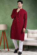 Wine Viscose Rayon Solid Embroidered Straight Kurta For Men MKU1010WIN