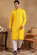 Yellow Viscose Rayon Solid Embroidered Straight Kurta For Men MKU1010YLW