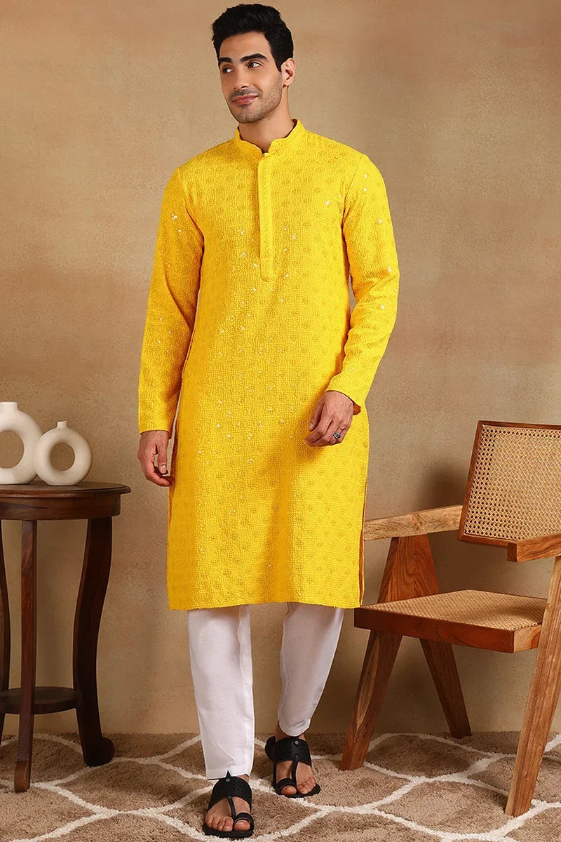 Yellow Viscose Rayon Solid Embroidered Straight Kurta For Men MKU1010YLW