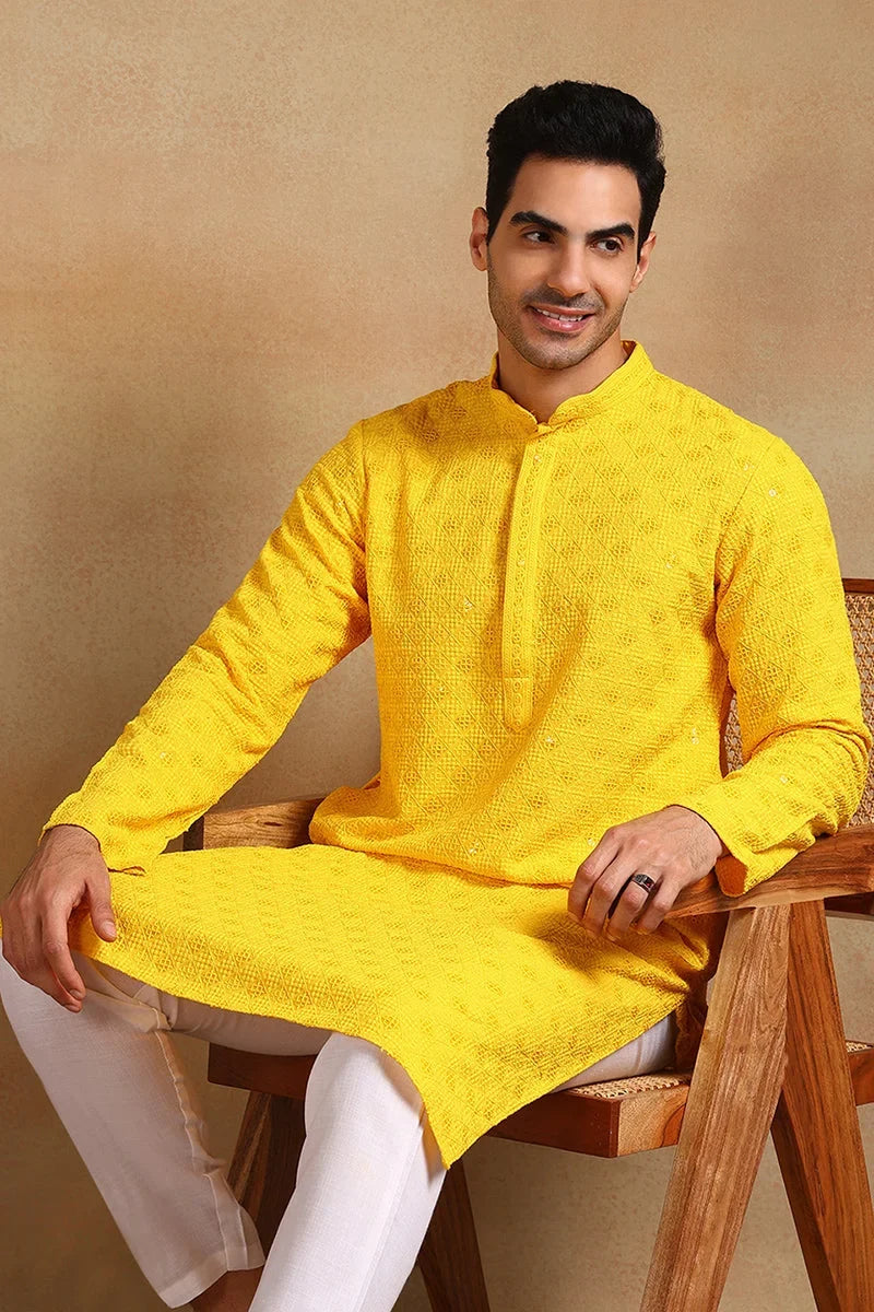 Yellow Viscose Rayon Solid Embroidered Straight Kurta For Men MKU1010YLW