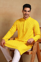 Yellow Viscose Rayon Solid Embroidered Straight Kurta For Men MKU1010YLW