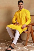 Yellow Viscose Rayon Solid Embroidered Straight Kurta For Men MKU1010YLW