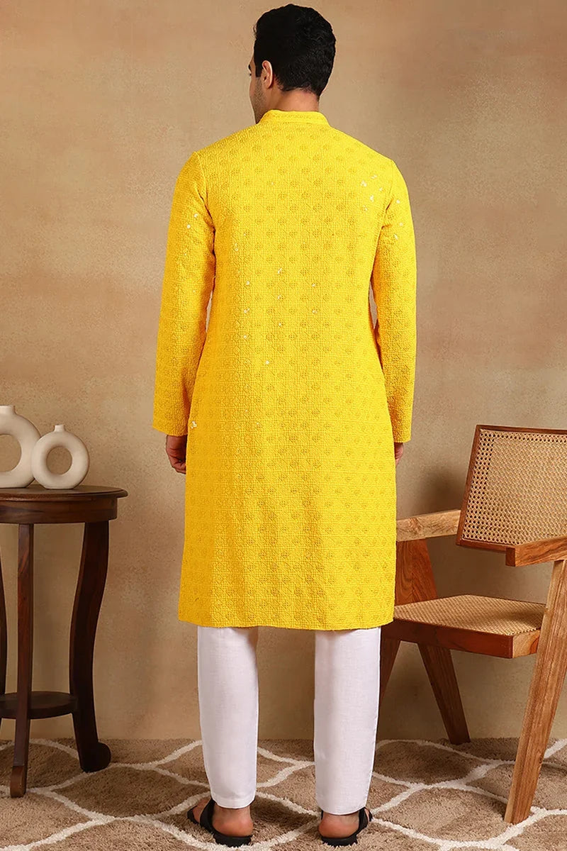 Yellow Viscose Rayon Solid Embroidered Straight Kurta For Men MKU1010YLW