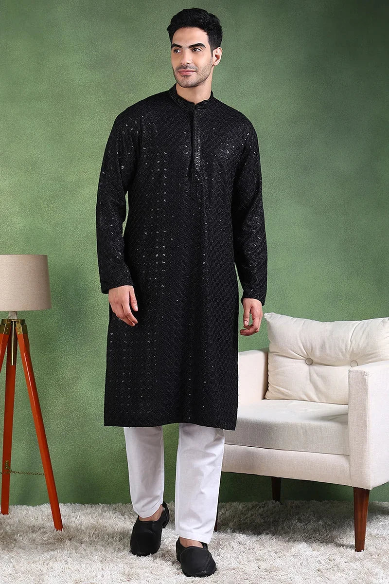 Black Viscose Rayon Solid Embroidered Straight Kurta For Men MKU1011BLK