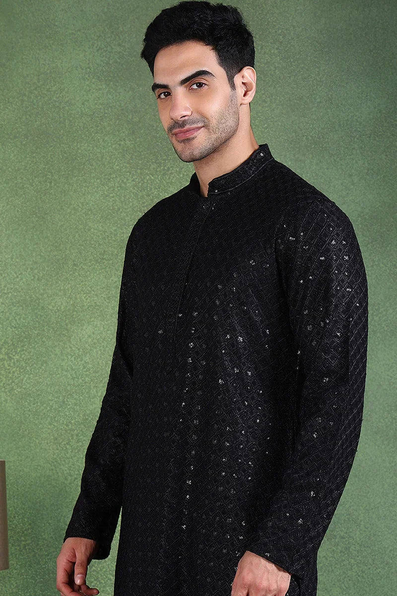 Black Viscose Rayon Solid Embroidered Straight Kurta For Men MKU1011BLK
