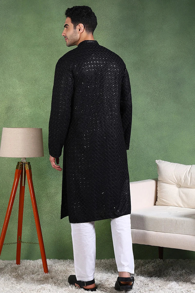 Black Viscose Rayon Solid Embroidered Straight Kurta For Men MKU1011BLK