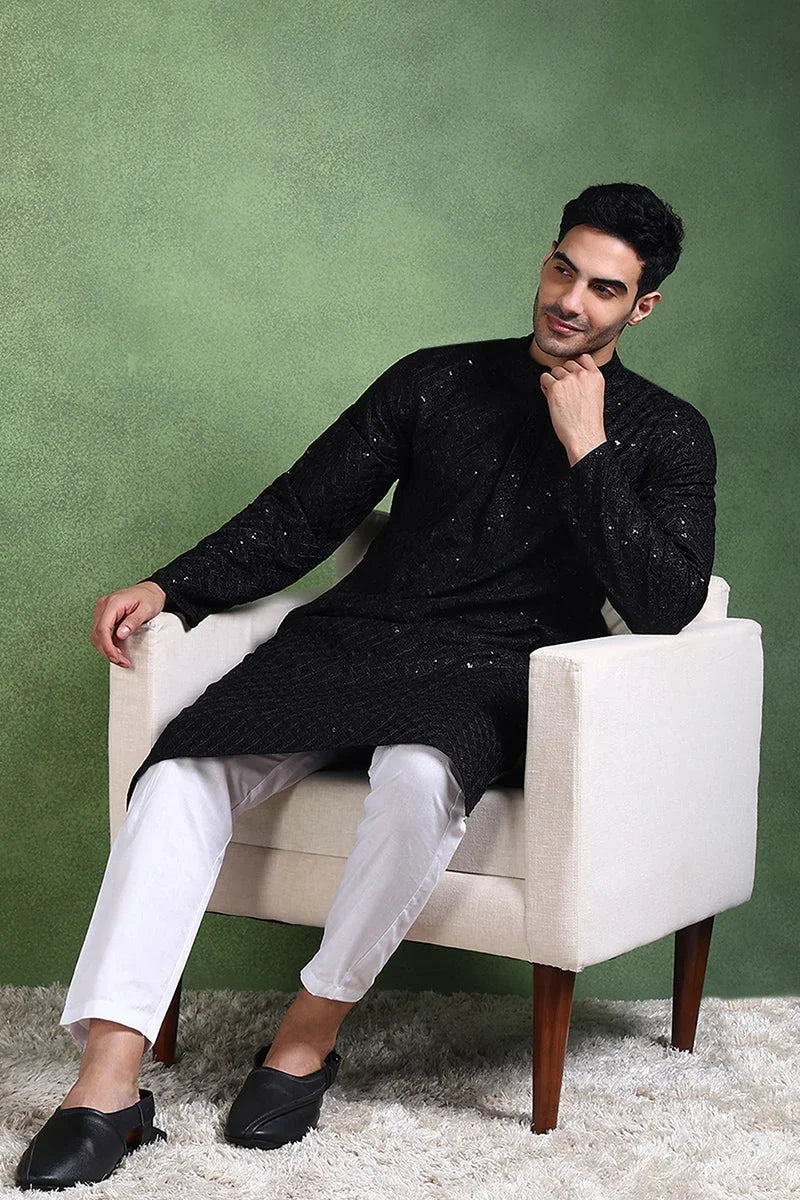 Black Viscose Rayon Solid Embroidered Straight Kurta For Men MKU1011BLK