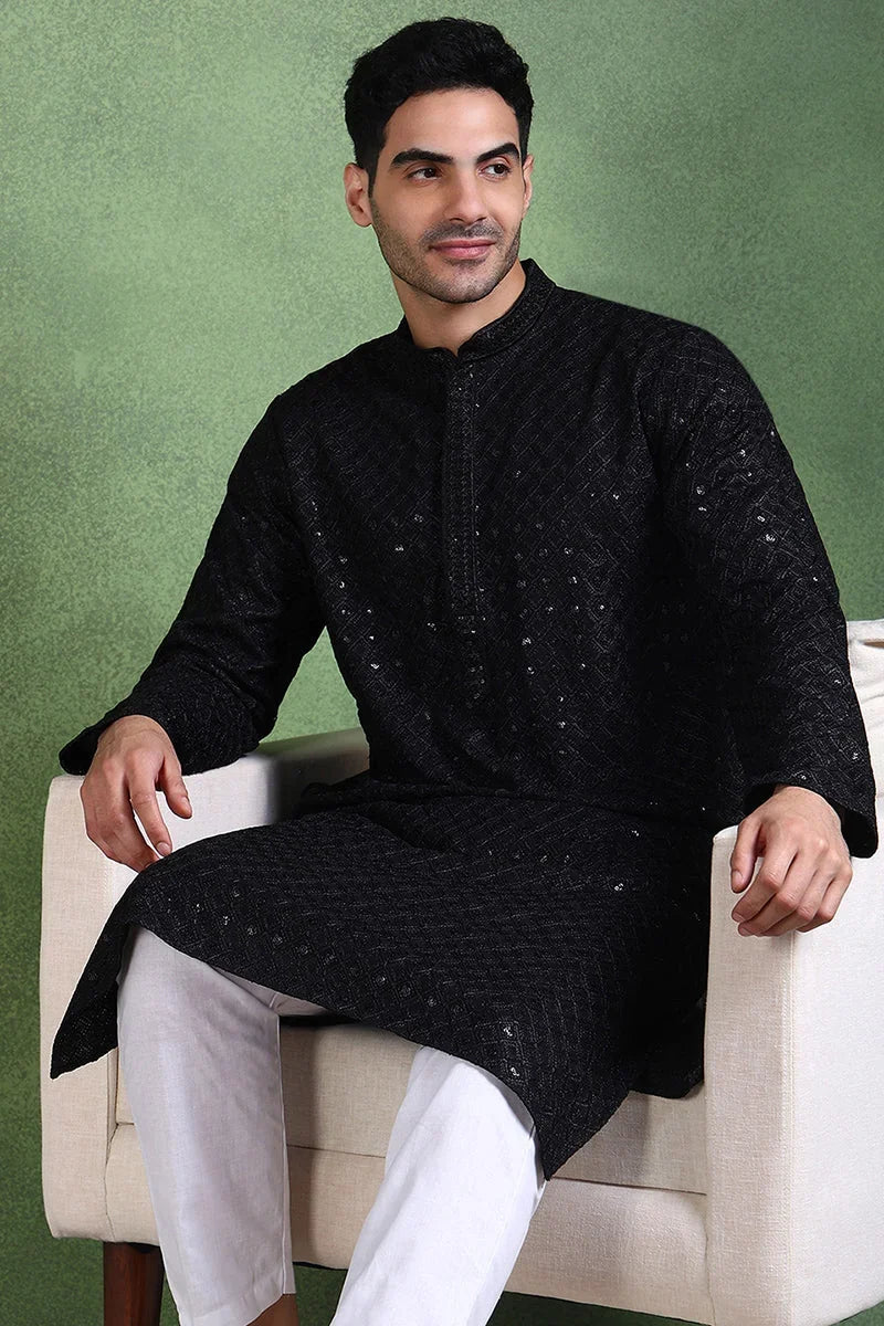 Black Viscose Rayon Solid Embroidered Straight Kurta For Men MKU1011BLK
