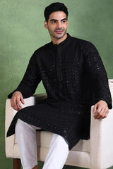 Black Viscose Rayon Solid Embroidered Straight Kurta For Men MKU1011BLK